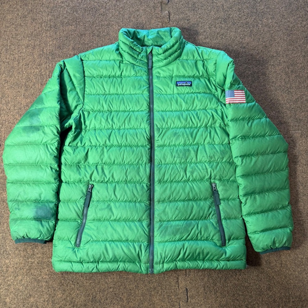 Patagonia Kids XL 14 Down Sweater Jacket Green Puffer American Flag Patch